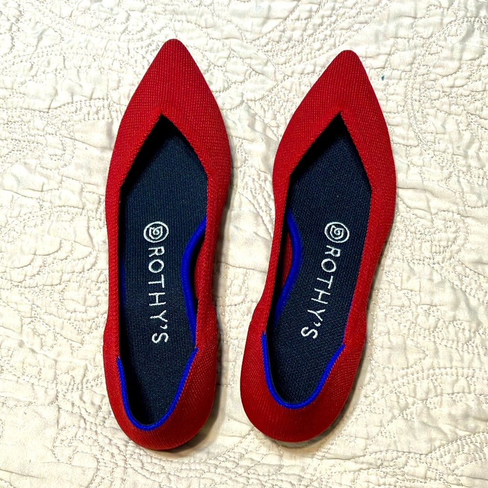 True red Rothy’s pointed toe flats